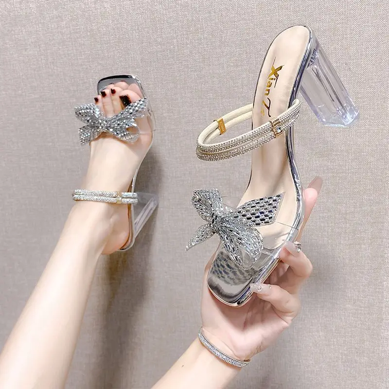 Footwear Rhinestones Sandals for Women Pumps Ladies Shoes Heeled Summer 2023 Bow Slippers Transparent High Heels Clear Diamond F