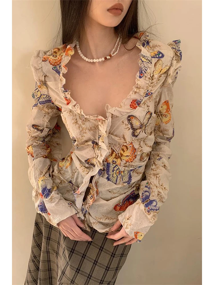 

Women's Butterfly Print Shirts Blouses Streetwear Vintage Harajuku 90s Y2k 2000s Fashion Elegant Long Sleeve Shirt Top Clothes