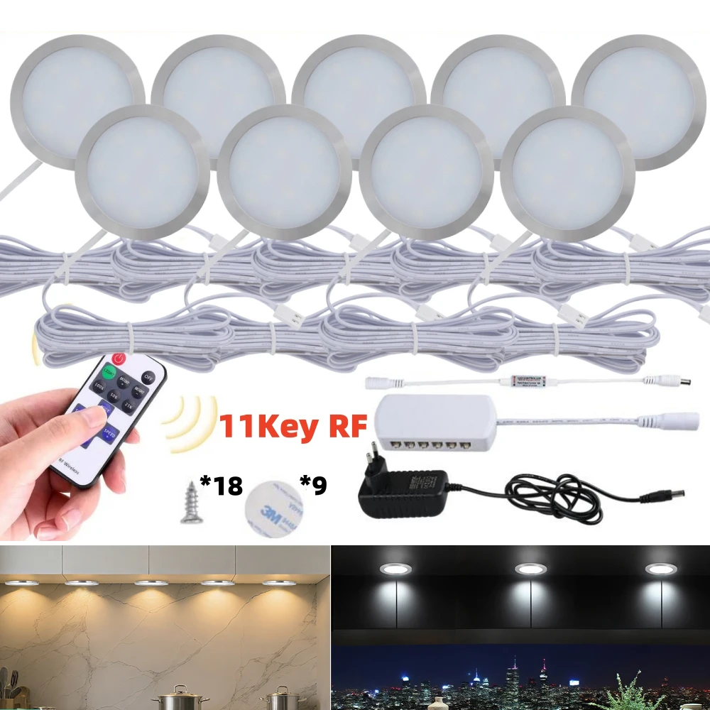 DC12V Ультратонкий круглый светильник для шкафа с регулируемой яркостью и радиочастотным пультом дистанционного управления 3000K 4000K 6000K Витрина Декор шкафа Светодиодный ночник DC12V Ультратонкий круглый светильник для шкафа с регулируемой яркостью и радиочастотным пультом дистанционного управления 3000K 4000K 6000K Витрина Декор шкафа Светодиодный ночник