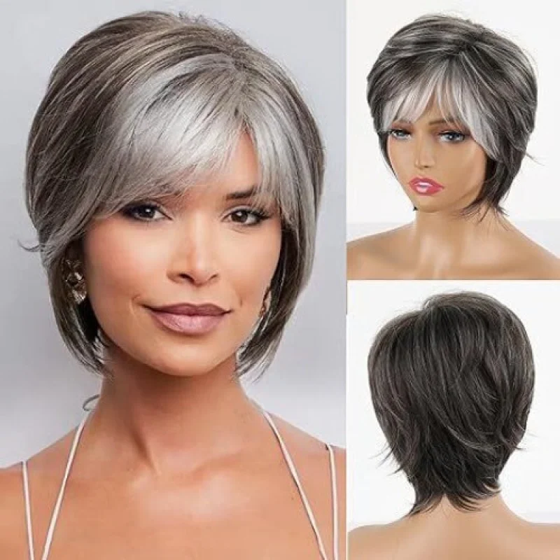 

Women's Wig Short Black Silver White Ladies Hair Curly Wig+Wig Cap