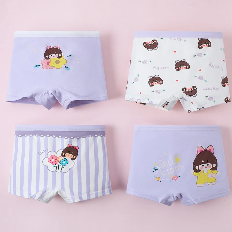 4pcs Pure Cotton Girls Panties Student Lovely Cartoon Baby Boxer Briefs Soft Comfortable Kids Underwear Children Ventilate Boxer