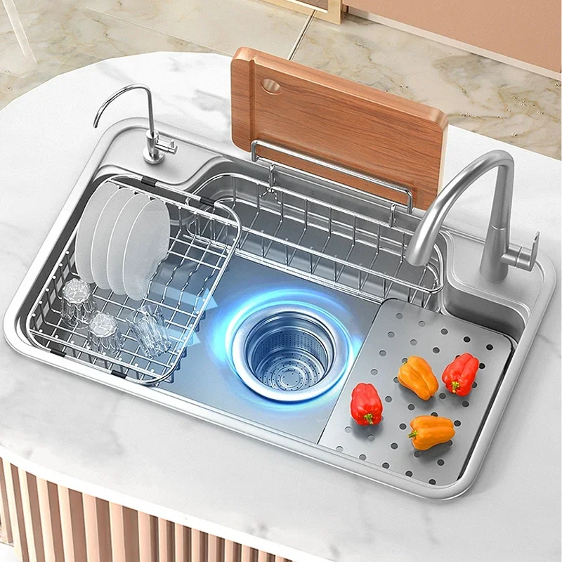 Stainless Steel Kitchen Sink Large Single Slot Household Dishwashing Sink Under the Counterbasin Multifunction Wash Basin