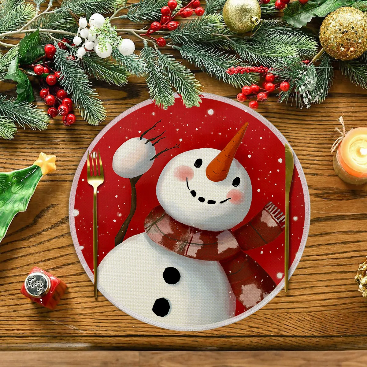 VIKAMA christmas snowman top hat round placemat 15 inch 38cm dining table mat non slip waterproof heat resistant