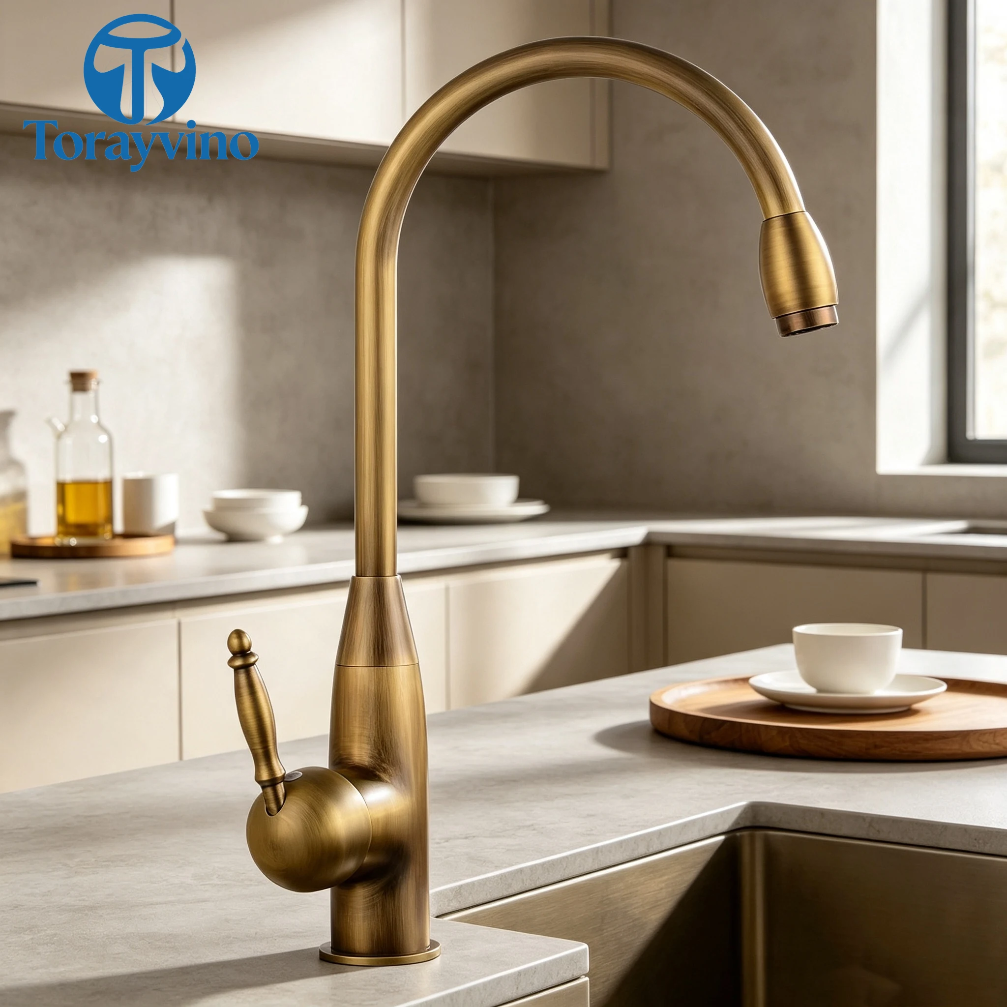 Torayvino Antique Brass Luxury Kitchen Sink Faucet 360° Swivel Spout Bathroom Faucets Cold Hot Water Tap Mixer For Washbasin