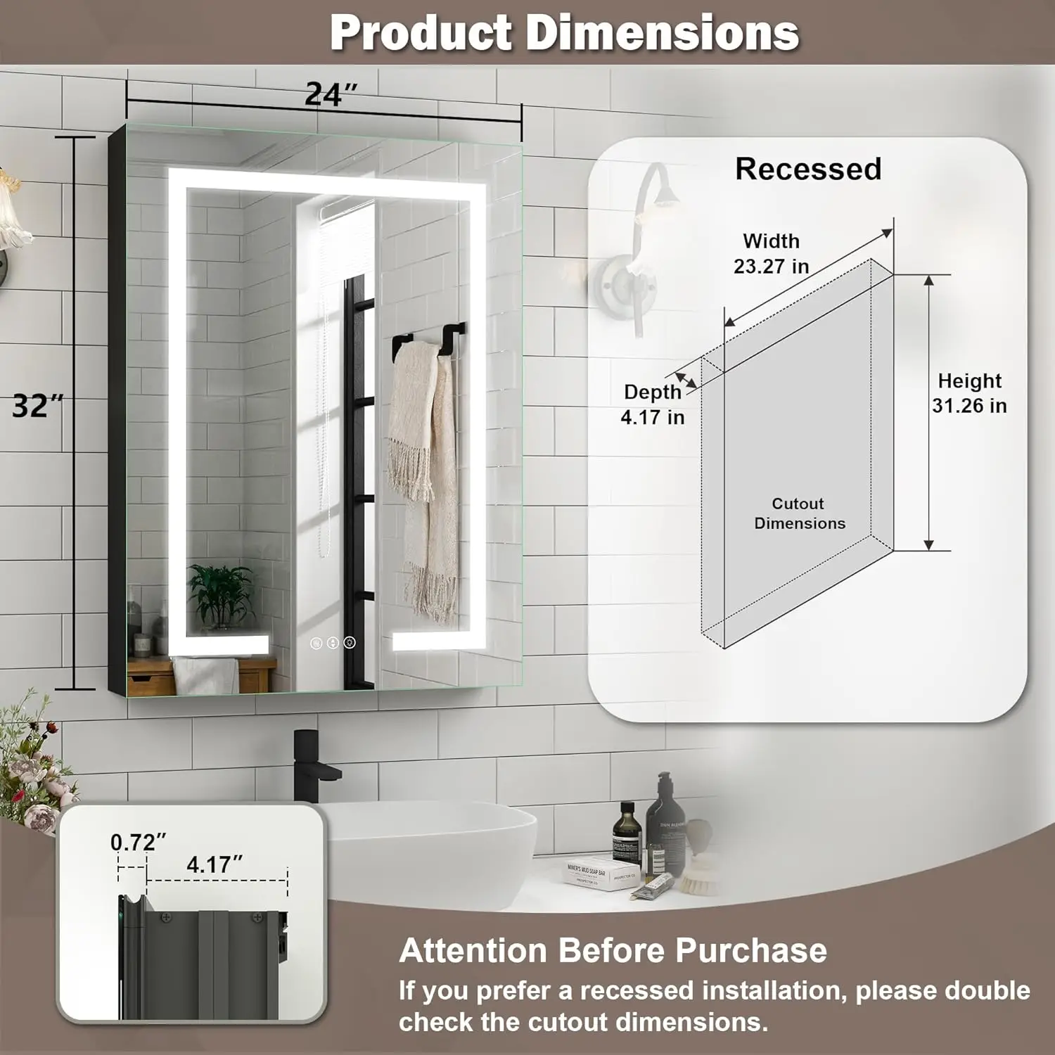 Led Lighted Bathroom Medicine Cabinet With Mirror, 24X32 Inch Medicine Cabinet With Mirror, Recessed Or Surface Bathroom