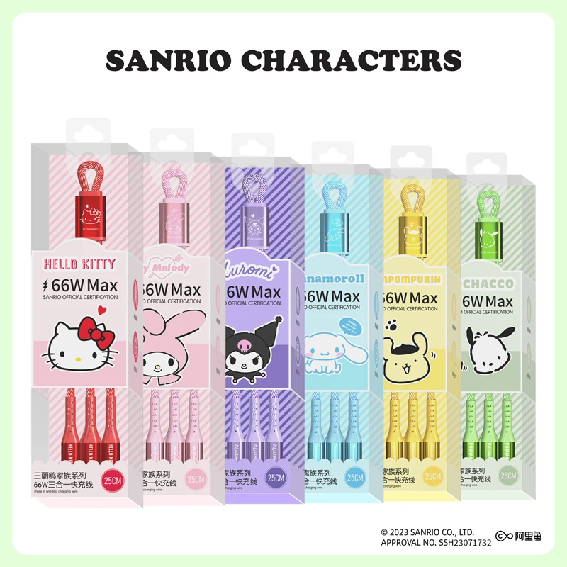 Kawaii My Melody Kuromi Hello Kitty 66W Fast Charging Data Cable Anime Sanrio Girly Heart Cute Three-In-One Fishing Net Line