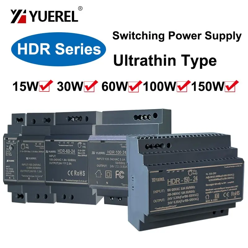 HDR 15W 30W 60W 100W 150W alimentation à découpage ultra-mince 5V 12V 24V transformateur de Type Rail Din