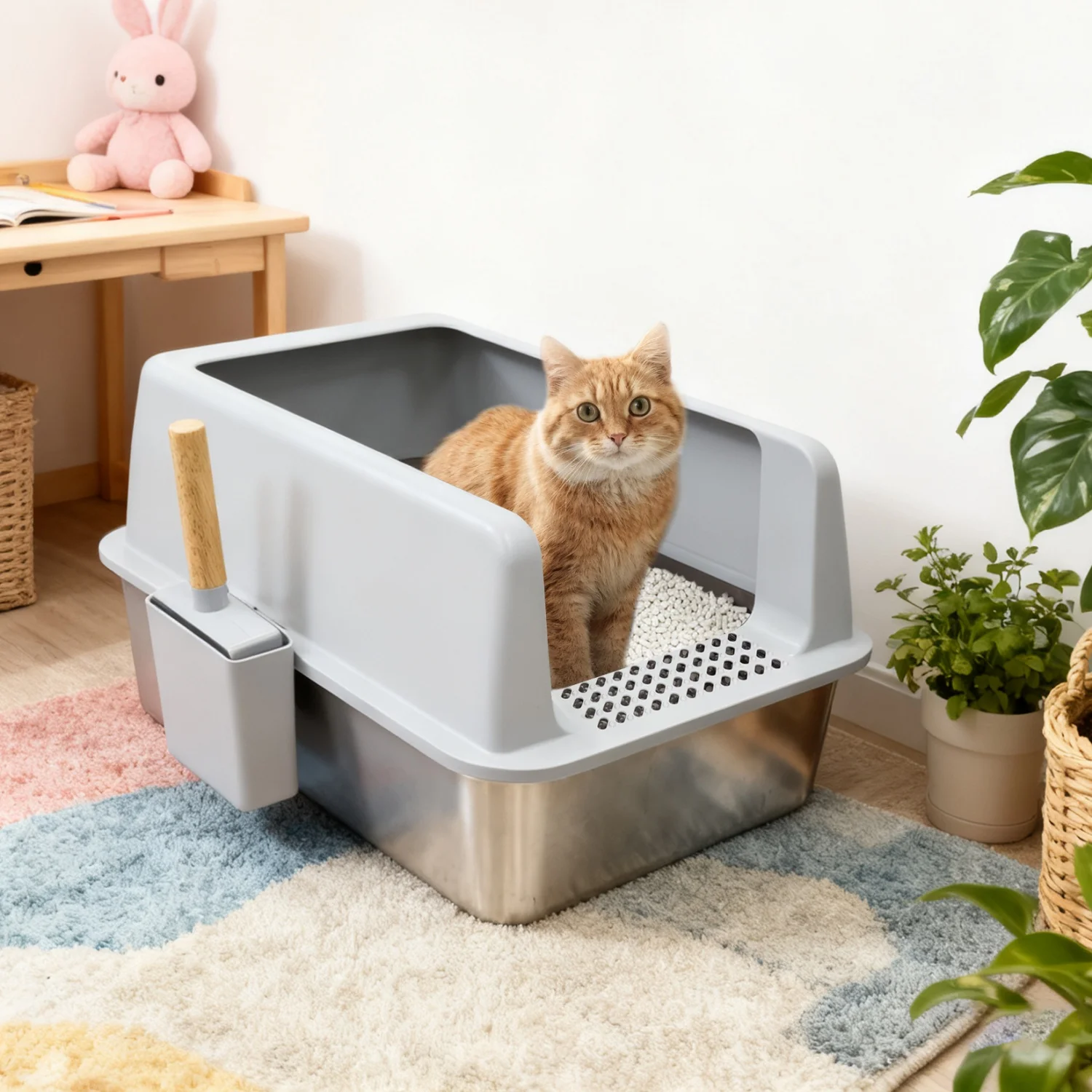 

XL Stainless Steel Cat Litter Boxes with Scoop and Litter Mat Anti-Urine Leakage High Sided Open Litter Pan for Big Cats