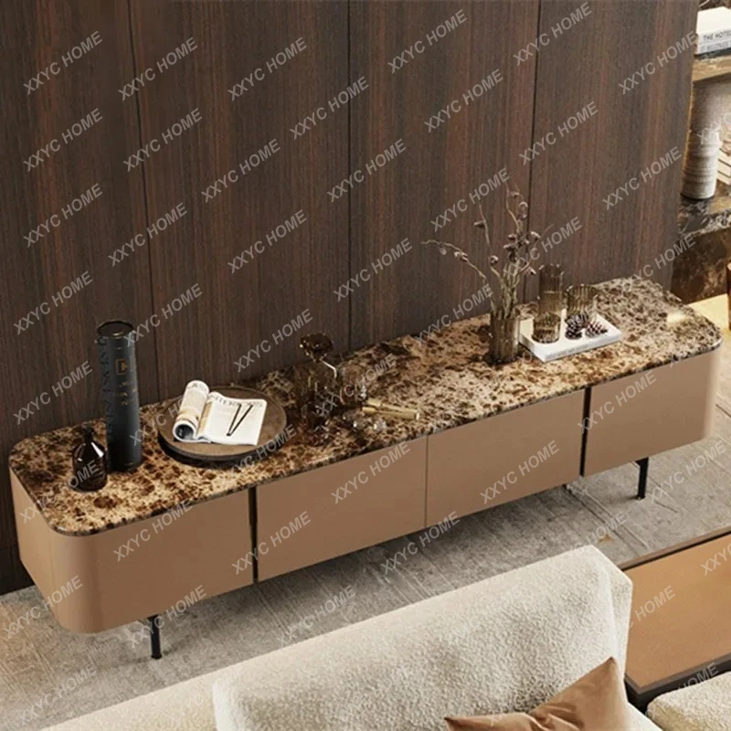 X-S minimalist smoked oak TV cabinet modern light luxury saddle leather living room floor cabinet marble surface HG
