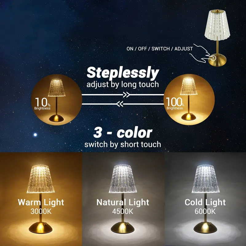 Retro Luxury Crystal Table Light LED Touch Dimming Night Light USB Charging Creative Eye Protection Reading Bedroom Night Light