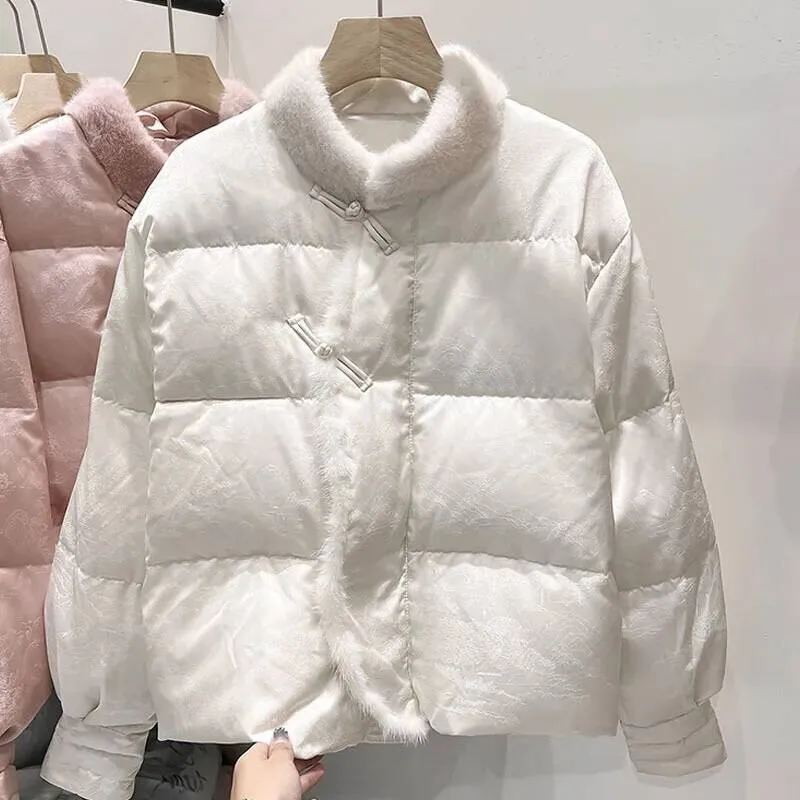 Katoenen winterjas voor dames, kort, pure kleur, opstaande kraag, patchwork, bloemenborduurwerk, dichtgeknoopt, verdikte normale mouw