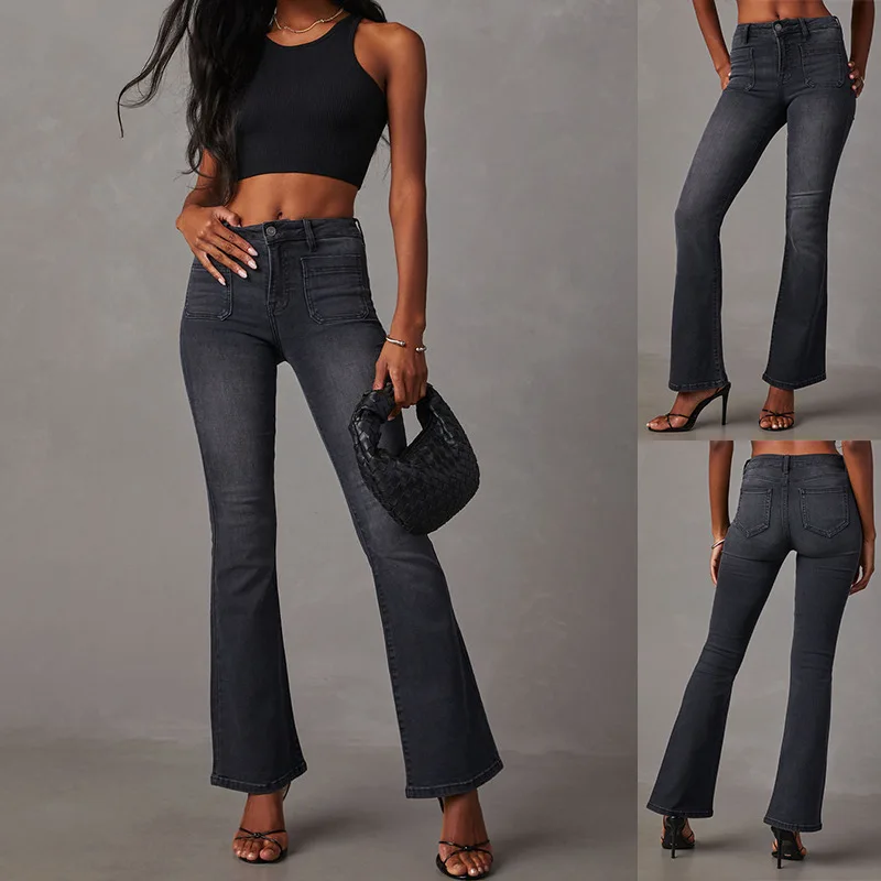 

Dark Grey High-Waisted Flared Jeans Women Slim-Fitting Versatile Denim Pants Western Trendy Style Daily Casual Outfit Fashion