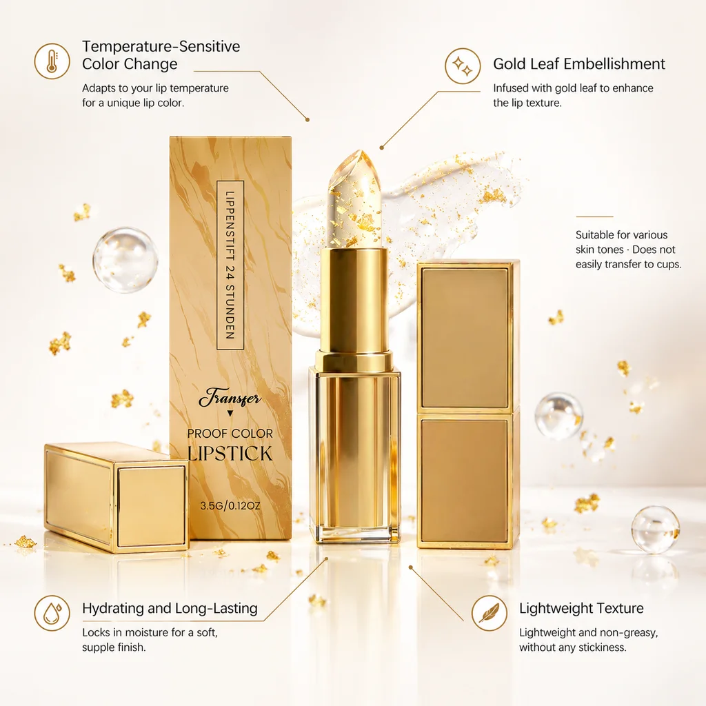 Gold Leaf Temperature Color Changing Lip Balm Transfer‑Resistant Moisturizing Nourishing Lipstick For Daily Lips Makeup Cosmetic