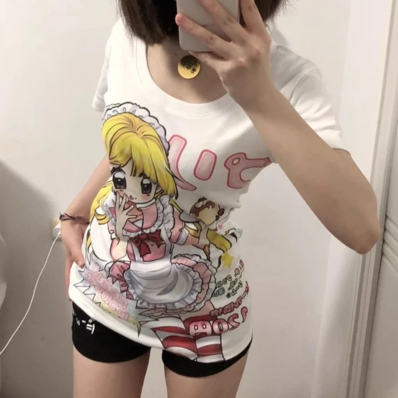 Deeptown Japanese Style Anime T-Shirts Women Harajuku Kawaii Cartoon Graphic Tees Y2k 2000s Cutecore Slim Up T-Shirts Aesthetic