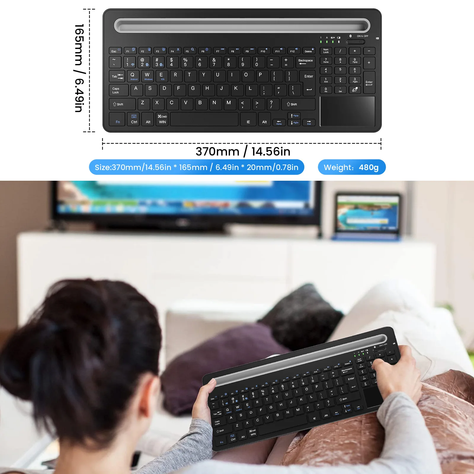 Teclado sem fio 2.4G com touchpad, adequado para tablet ipad Android Huawei Suporte de três modos, slot para cartão grande, Bluetooth