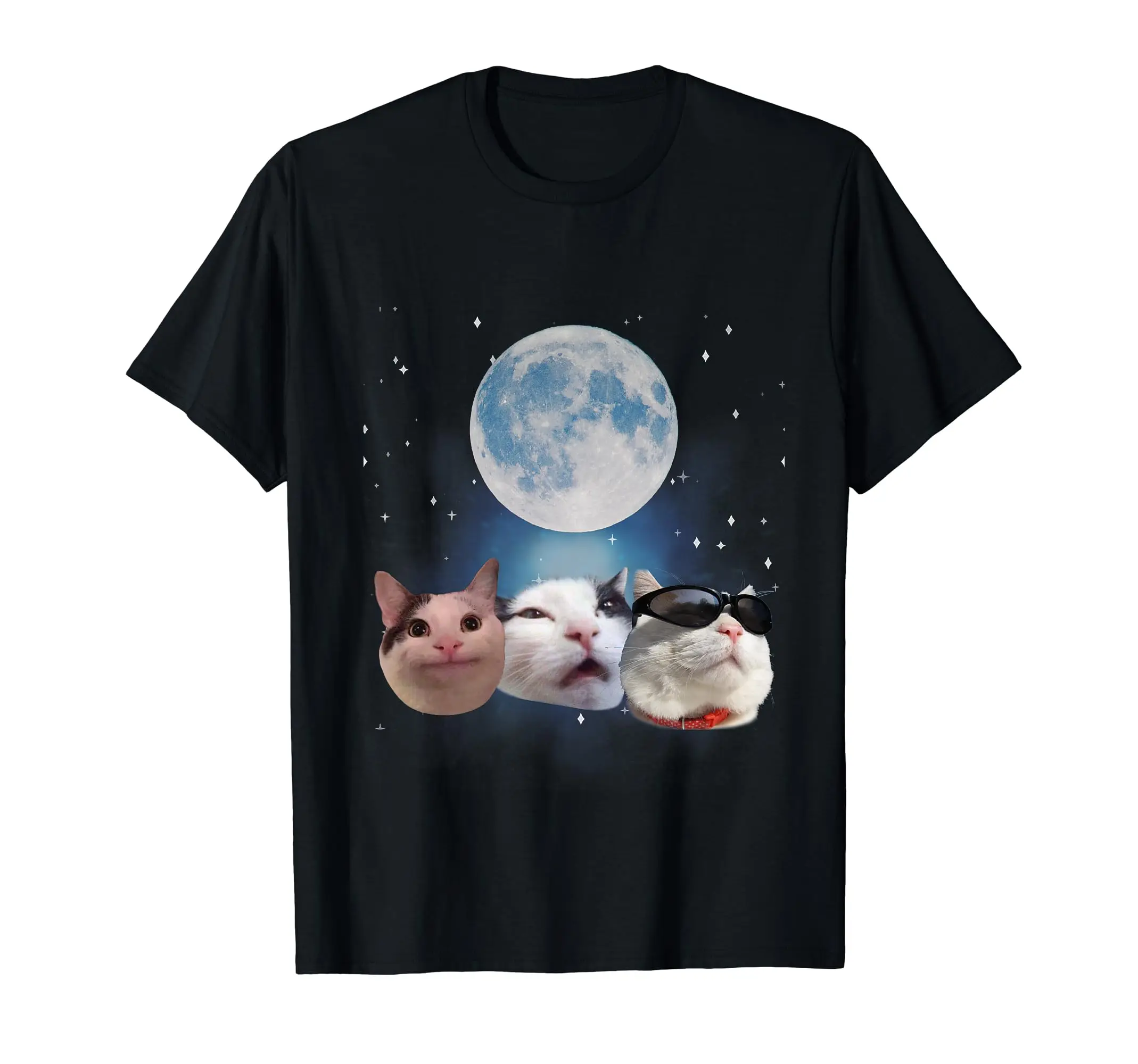 Funny Three Cats Meme Graphic T-Shirt - Black Tee with Cute Cats in Yellow Cup Full Moon - Soft Breathable Shirt for Women & Men