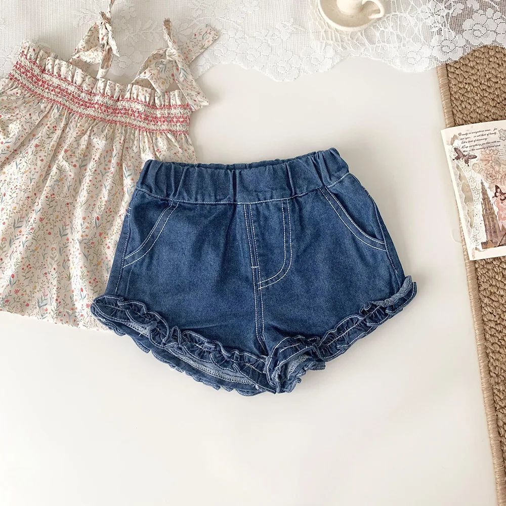 

Jenny&Dave Children's clothing girls summer cotton shorts women's treasure thin vintage lotus leaf denim PP shorts girls