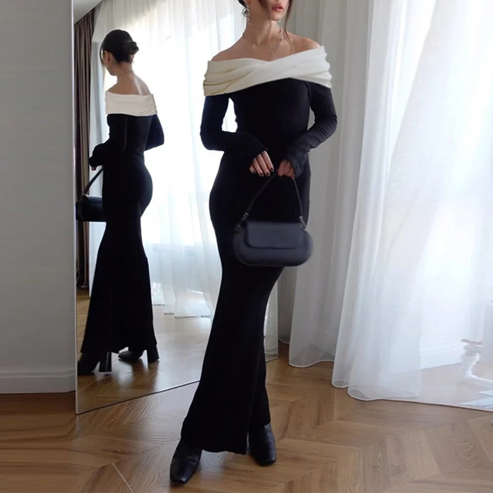 Off Shoulder Pleated Maxi Dress Women's Elegant Color Block Slim Party Dress High Waist Pullover Patchwork Dress Robe