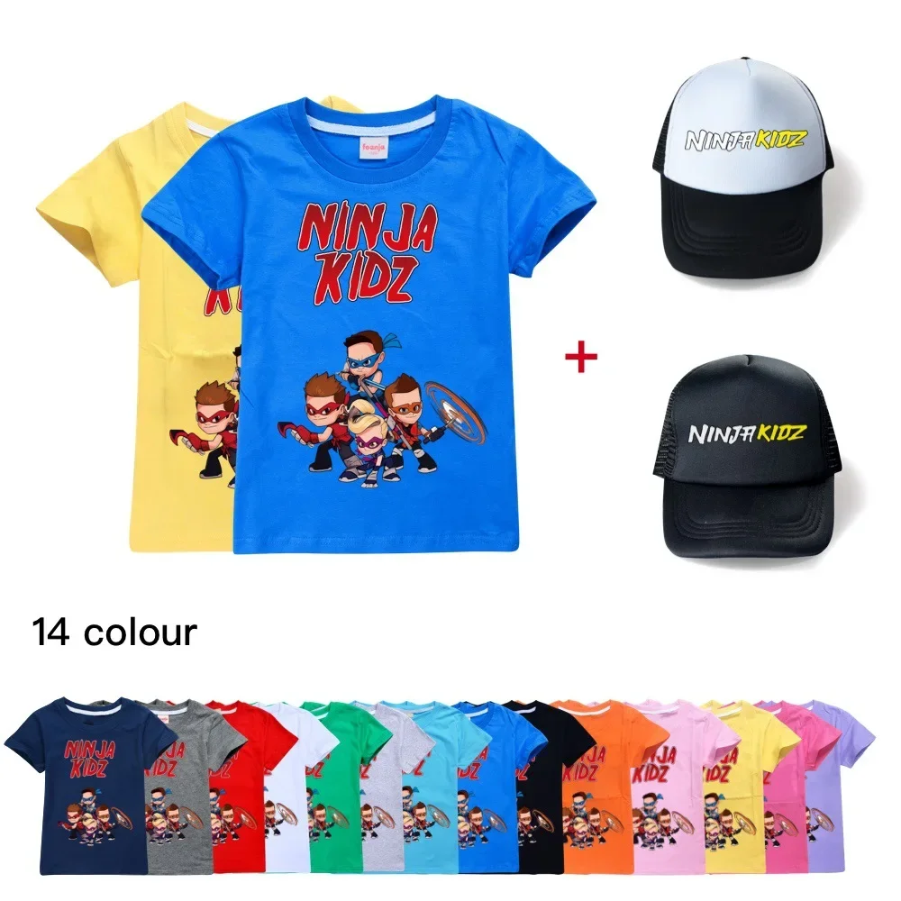 NINJA KIDZ Girls Boys Anime T Shirt Print Cartoon Casual Summer Children Cotton Short-sleeved T-shirt with cap Kids Clothes