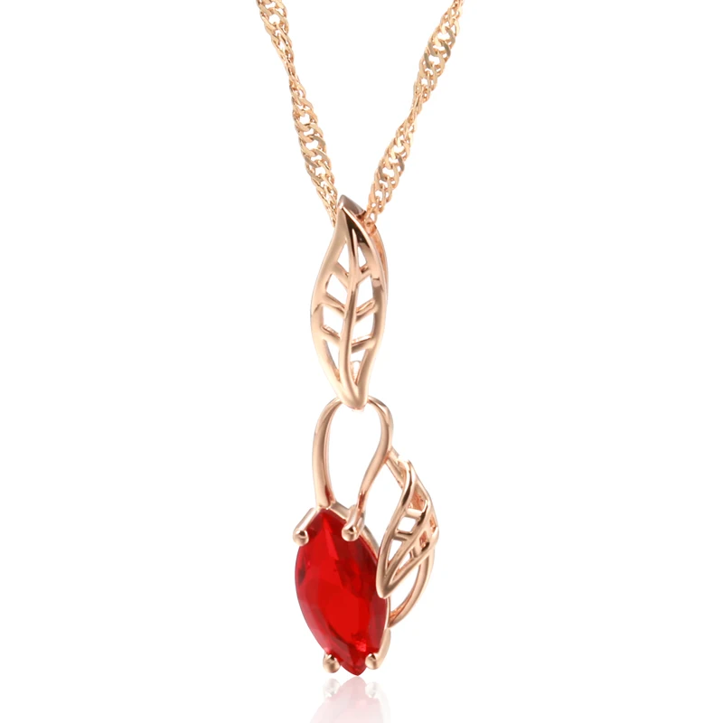 Kinel Luxury Red Natural Zircon Pendant Necklace For Women 585 Rose Gold Color Vintage Flower Wedding Party Fine Daily Jewelry