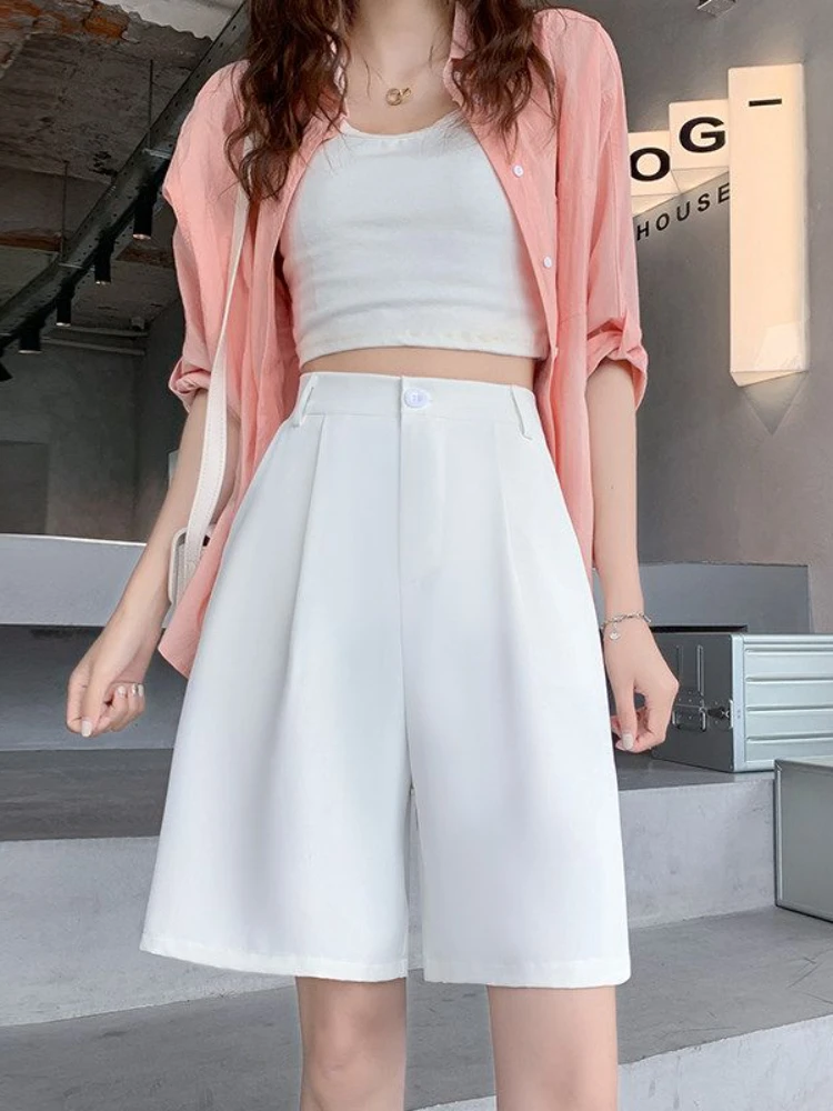 Black Suit Shorts Loose Elastic Waist Slim Thin Women\'s Summer Shorts Casual High Waist Solid Straight Wide Leg Ice Silk Pants