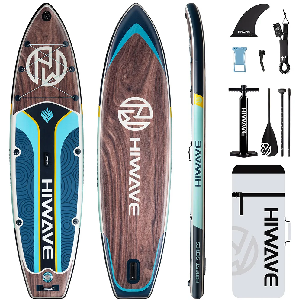HIWAVE Dunkle Holzmaserung Wasserdichtes Aufblasbares Paddleboard 11''x34''x6'' Erwachsenen-Stehpaddelboard mit Zubehör SUP-Board