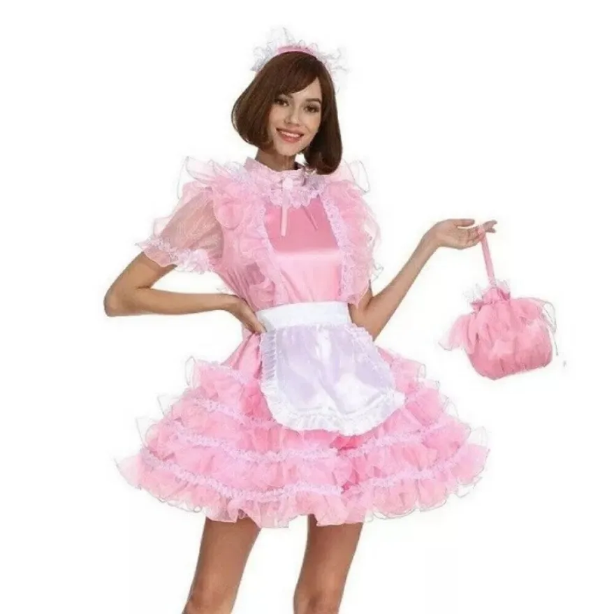 

Sexy sissy French maid pink satin lockable lace multi-layer ruffle edge dress maid cosplay costume customizable