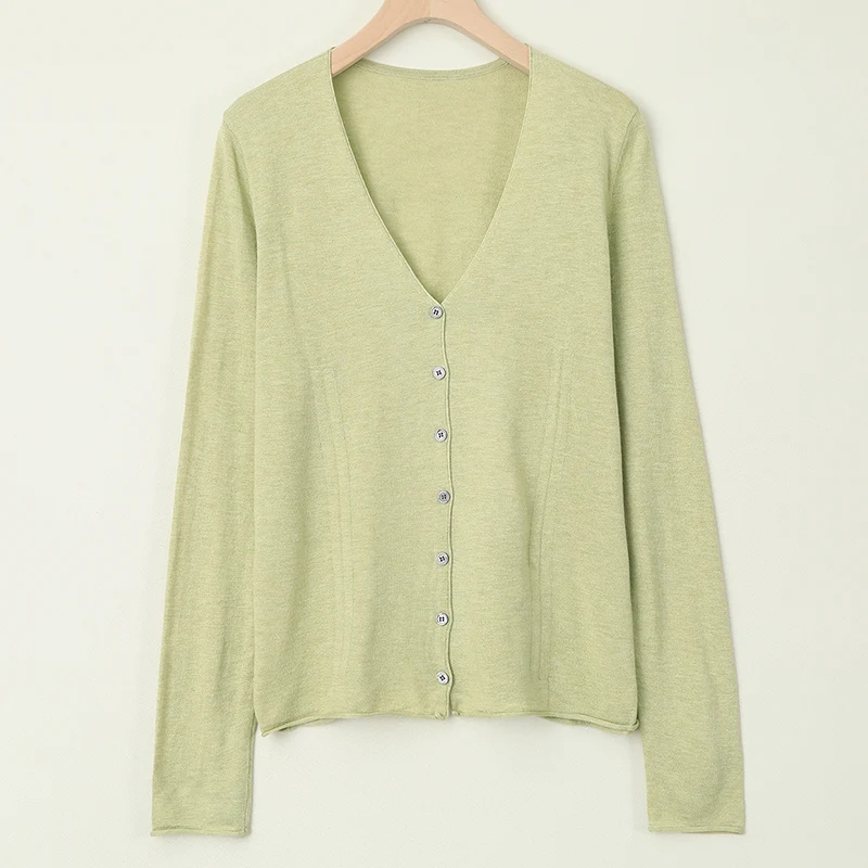 

Spring New Knitted V-Ne ort Outerwear Women's Pure Color Simple Top Long Sve Button up Cardigan Straight Cut Commute S...