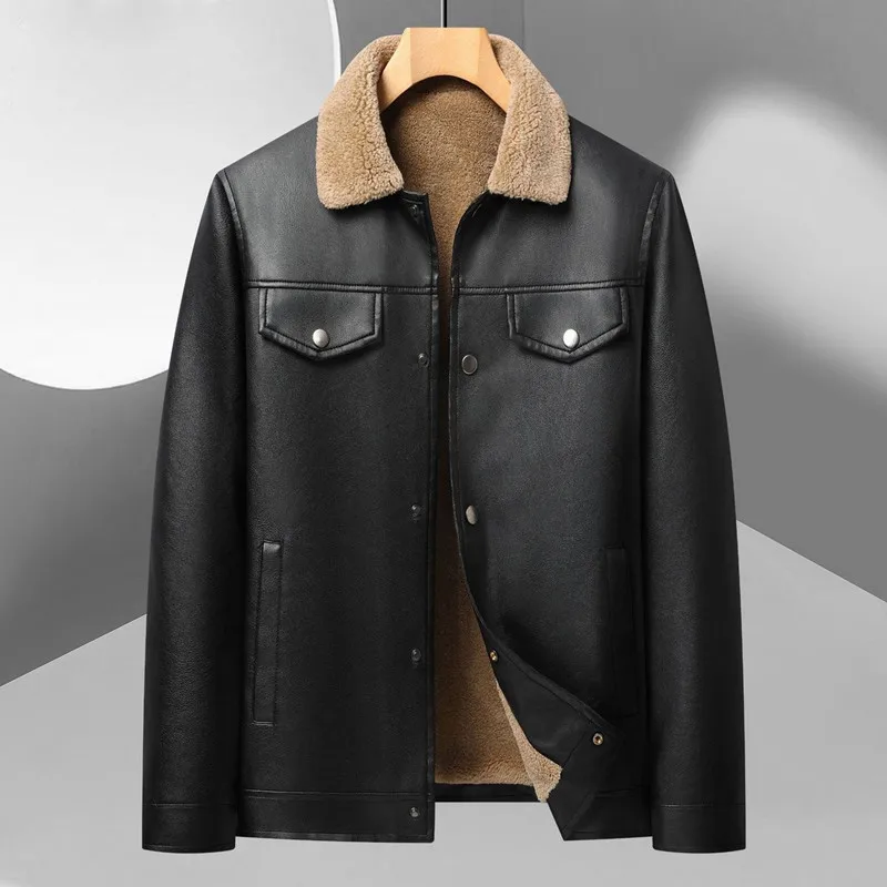 

Winter Solid Color American Retro Plus Velvet Thick Warm Leather Jacket for Men's Casual Loose Sports Large Size High end Coat