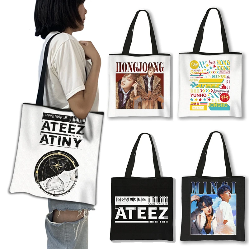 Bolso de hombro informal con estampado de Kpop Korea Band ATEEZ para mujer, bandolera de gran capacidad, bolso de compras a la moda, regalo