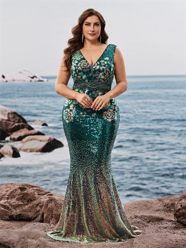 Lucyinlove Plus Size Elegante scollo a V Paillettes Abiti da sera Lunghi Nuove donne di lusso Formali Sirena Abiti da cocktail per feste di nozze