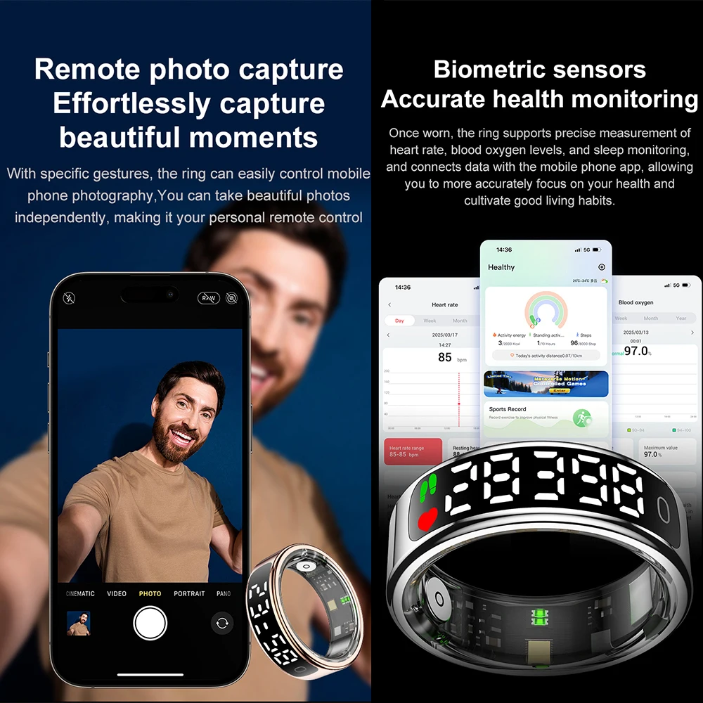 R13 ผู้ชายผู้หญิงสมาร์ทแหวนหน้าจอสแตนเลส 5ATM กันน้ําฟิตเนสแหวน Heart Rate เลือดออกซิเจน Sleep Monitor