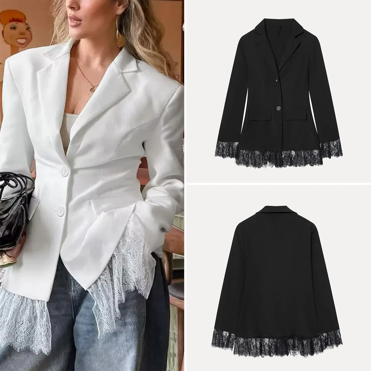 Fashionable Lace Splicing Suit Jacket Women's Winter 2025 Waist-Cinching Versatile Elegant European Style Long Sleeve Coat