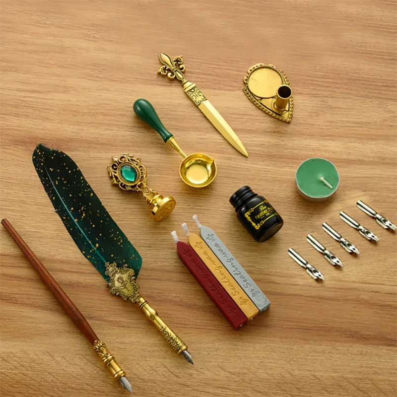 Antique Feather Dip Pen Kit Retro Wooden Dip Pen Set Classic Wax Seal Stamp Kit for Calligraphy Art Words Gifts Christmas