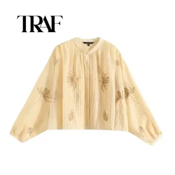 TRAF 2024 Summer New Product Women's Casual Versatile New Chinese Literary Style Embroidered Thin Bubble Sleeve Shirt