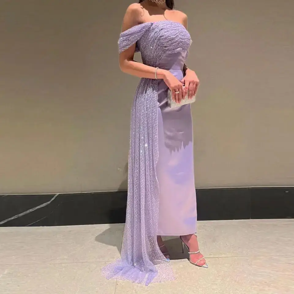 Customized Lilac Arabic Women Evening Dresses Elegant Off the Shoulder Glitter Ankle Length Prom Gowns Formal Party Dress