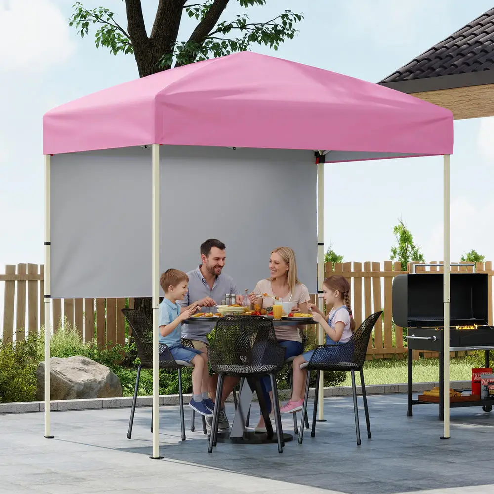 6 x 4 FT Pop-Up Canopy Tent with 1 Half Sidewall Easy Setup Folding Outdoor Sun Shelter-Pink