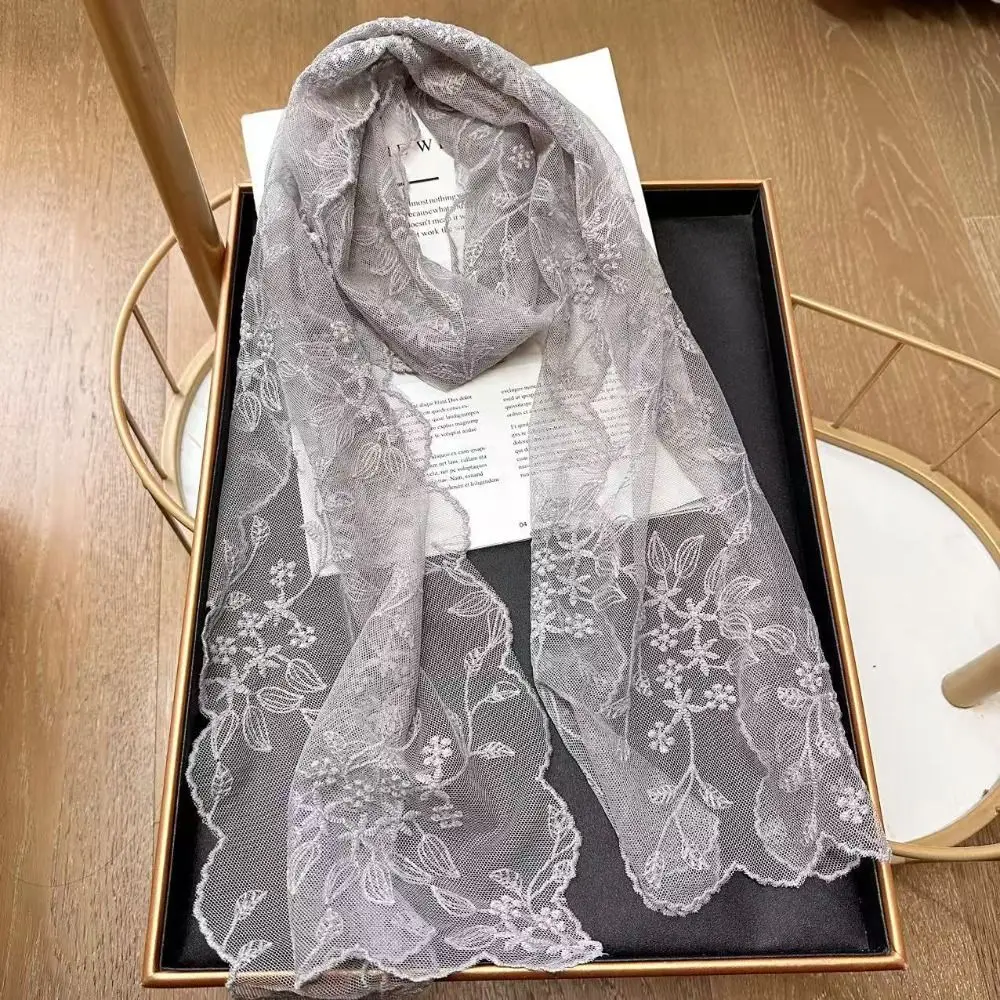 

Casual Embroidered Flower Lace Scarf Breathable Mesh Long Sunscreen Shawl Lightweight Silk Scarf Spring