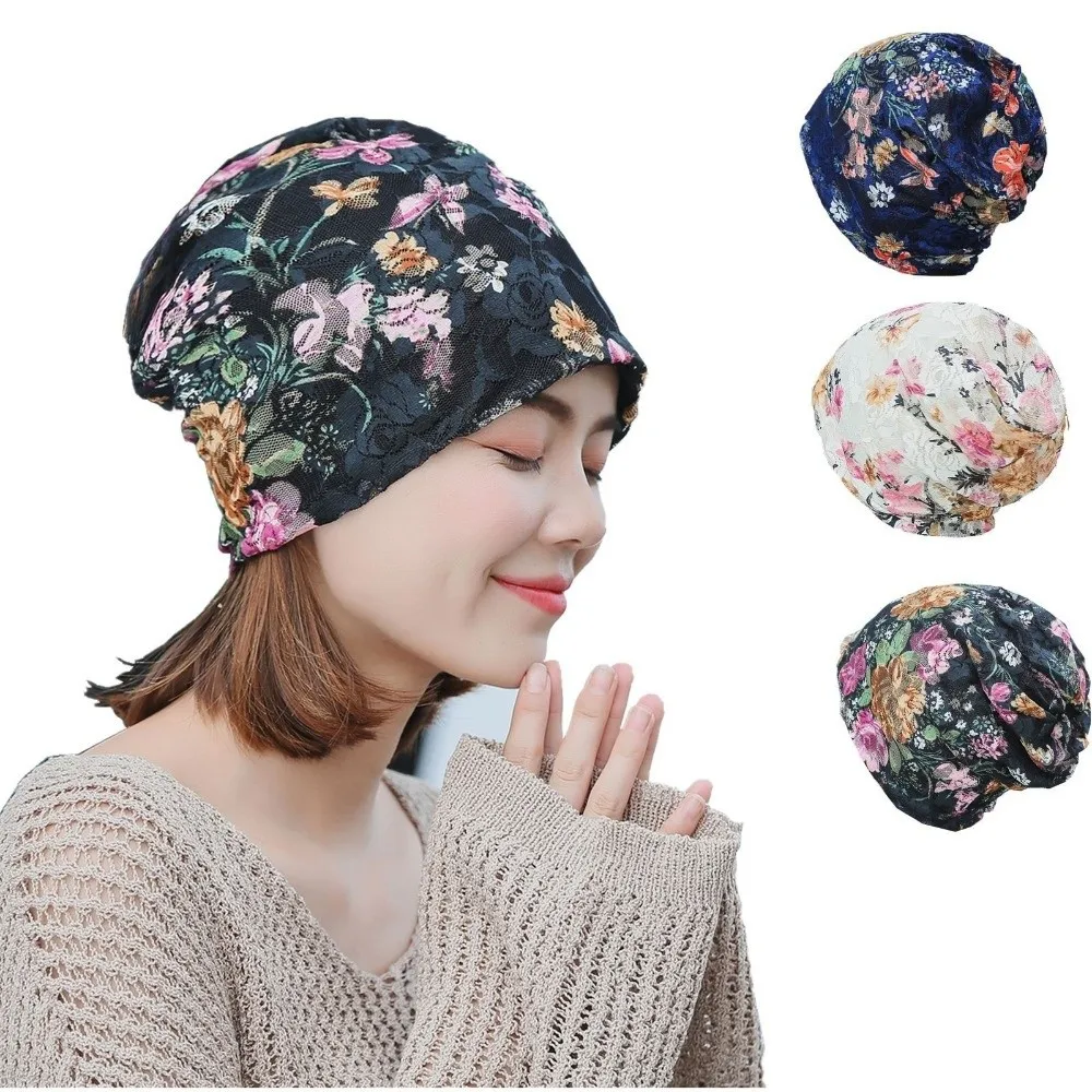 

Turban Hat Floral Pattern Floral Lace Beanie Soft Comfortable Chemo Cap Breathable Head Scarves Fashion Accessory