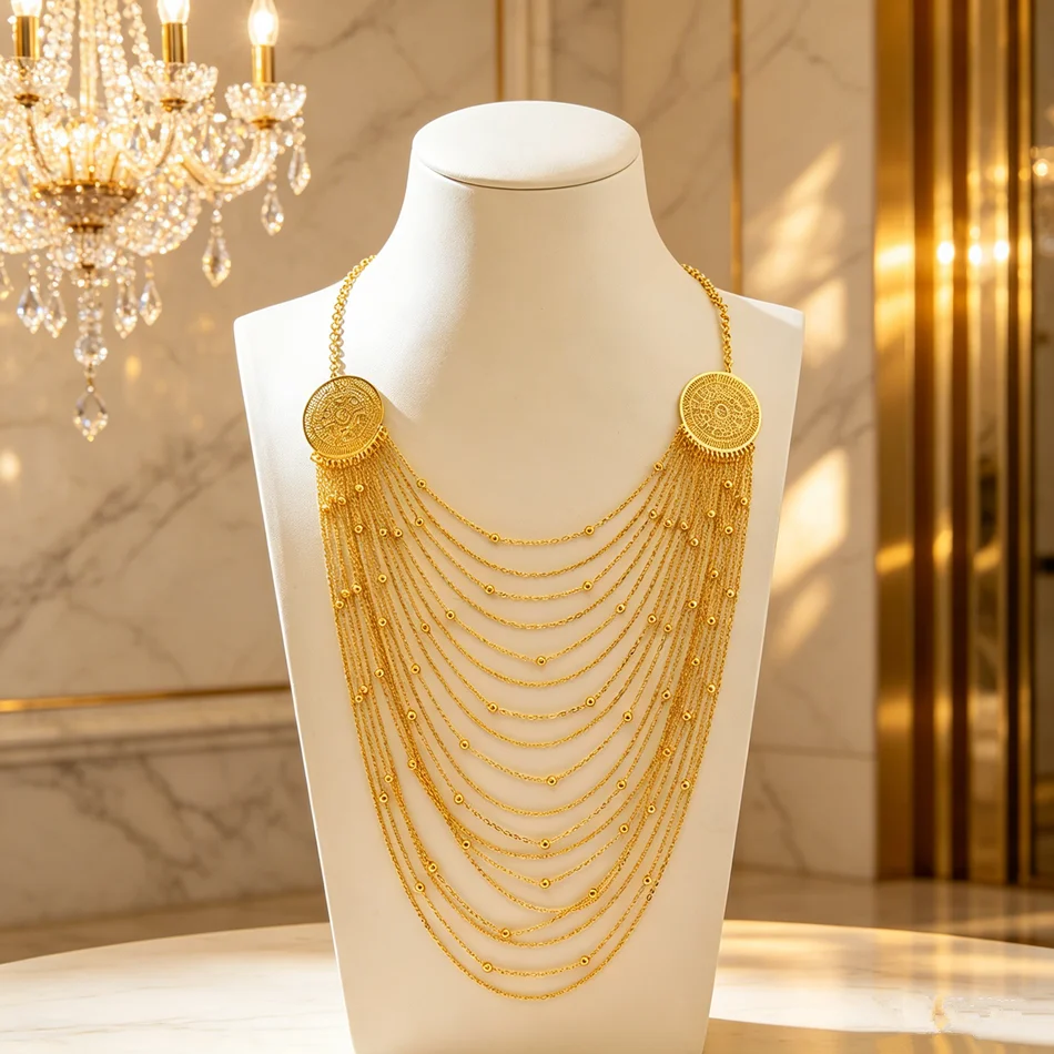 Luxury Golden Multi-Strand Tassel Necklace With Layered Beaded Jewelry For Women