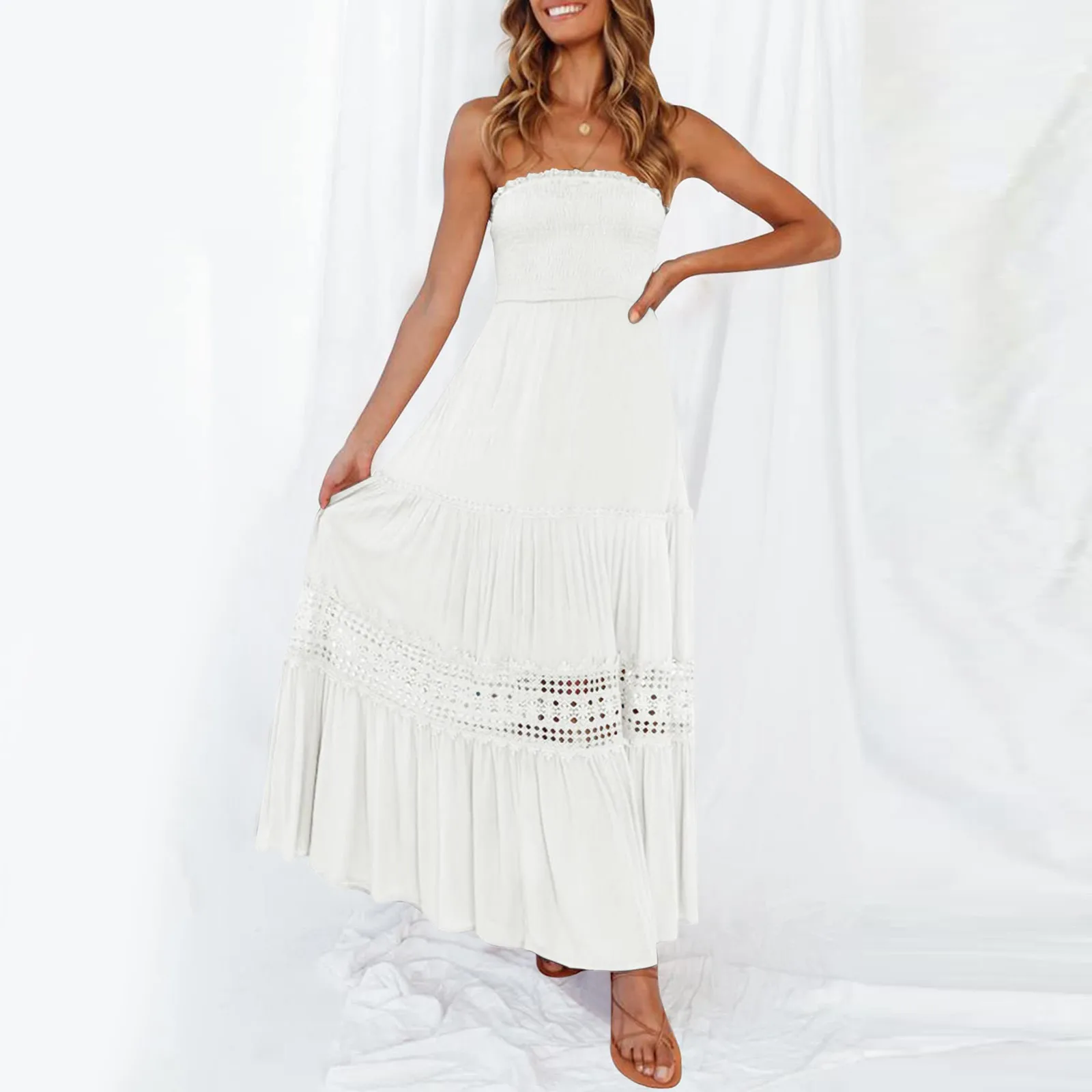 

Summer Bohemian Strapless Maxi Dress Women Sexy Cold Shoulder Lace Trim Backless Party Dress Flowy A Line Beach Robe Hot Sale