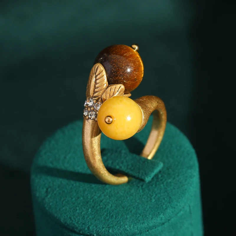 

Vintage Medieval Tiger Eye Stone Honey Wax Yellow Rings Flower Stone Jewelry Opening for Women Wedding Retro Bride Accessories