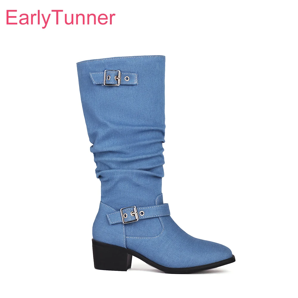  New Winter Mature Blue Black Women Round Toe Mid Calf Boots Med Heels Lady Riding Shoes Plus Small Big Size 33 11 43 46 48