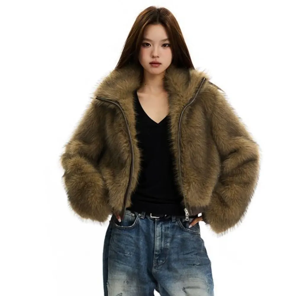 Zipper Short Faux Fox Fur Coat Women Winter Fluffy Jacket Long Sleeves Artificial Plush Fur Coat Furry Outerwear 2025