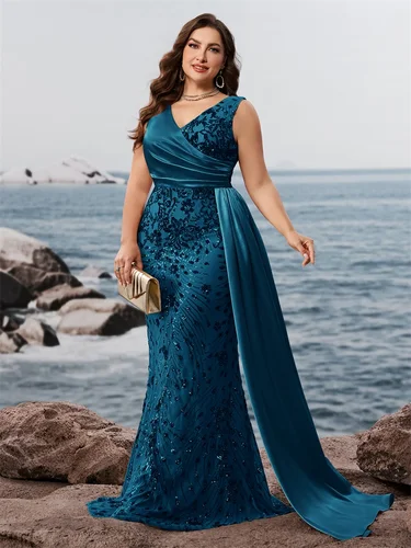 Imagen 1 del producto Vestido de Noche Elegante Talla Grande con Cuello en V, Lentejuelas Azules, Sin Mangas, Estilo Sirena, Formal, de Lujo, para Fiesta, Cóctel