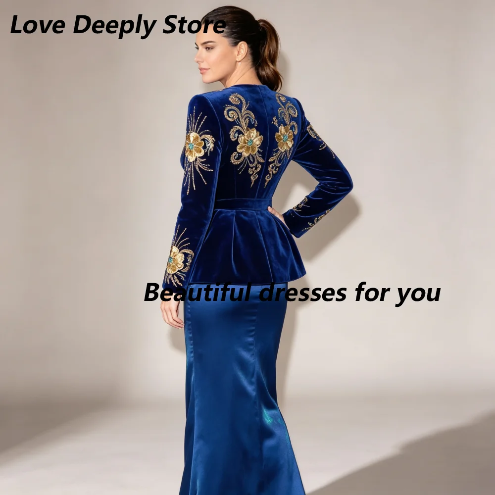 Customized Blue Two Piece Mother Of Bride Dresses  Gold Floral Embroidered Peplum Jacket Satin Midi Skirt Wedding Formal Dress