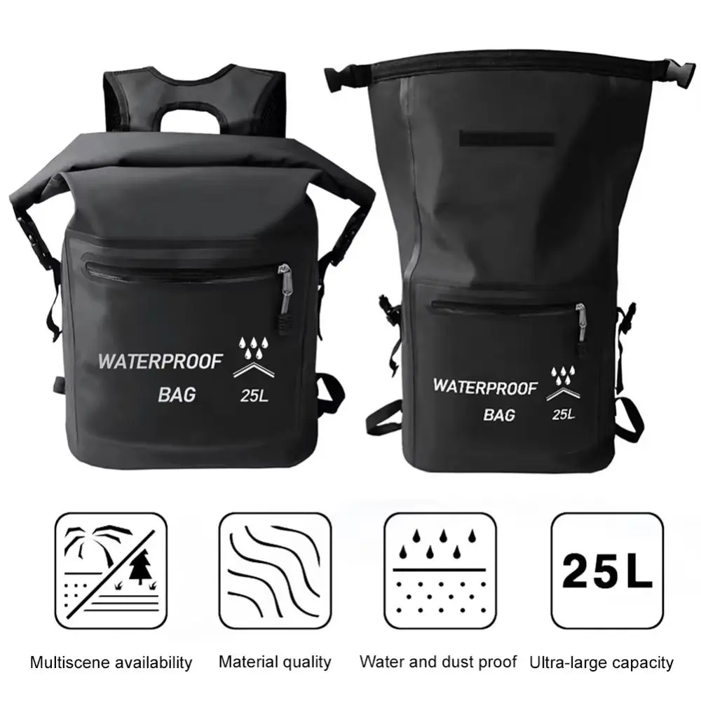 Zipper Pocket 25L Waterproof Backpack Thickened Material Roll-Top Closure Beach Storage Bag Waterproof Folding Swimming Backpack