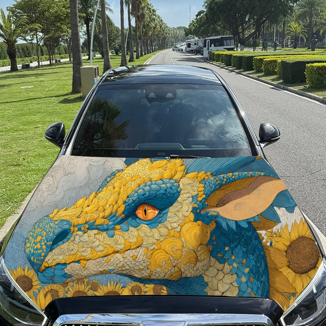 

Vibrant Sunflower Dragon Car Hood Stickers - Self-Adhesive, Waterproof and Durable Vinyl Wrap, Decorate And Protect Your Car - T