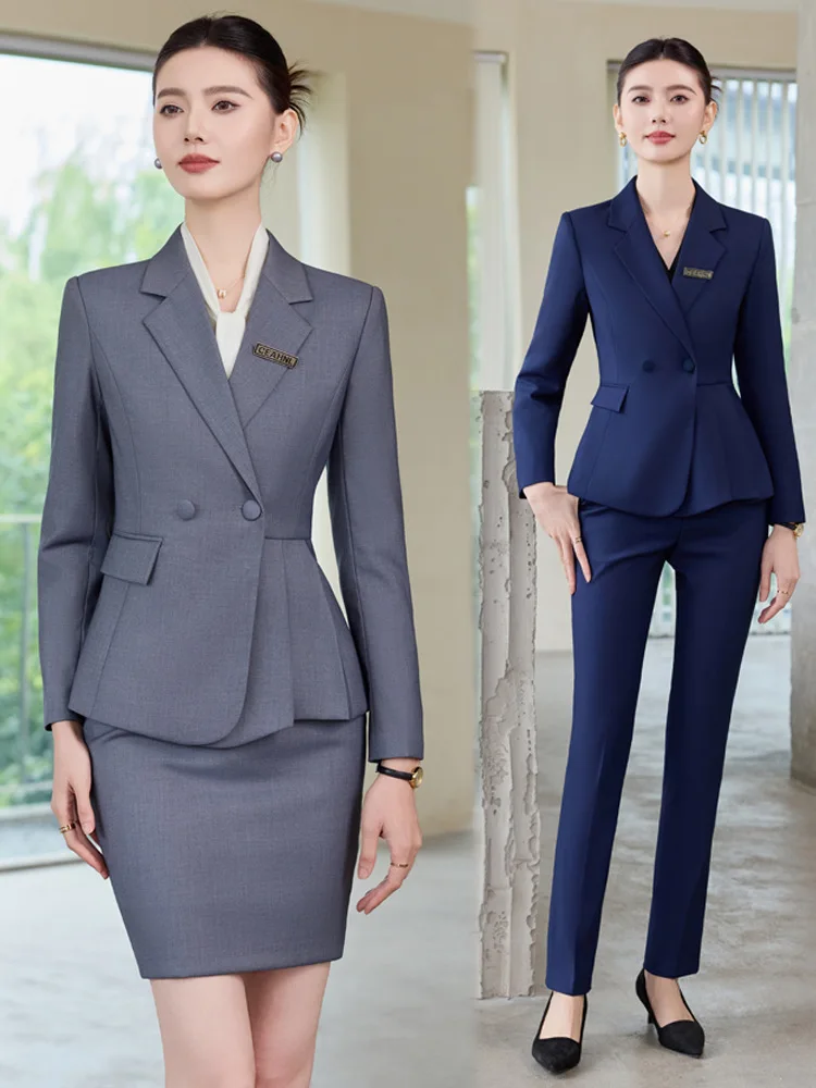 

Темно-синий женский костюм с завышенной талией для осени и зимы, высококачественная рабочая одежда для менеджеров отелей, сотрудников ресепшн салонов красоты.