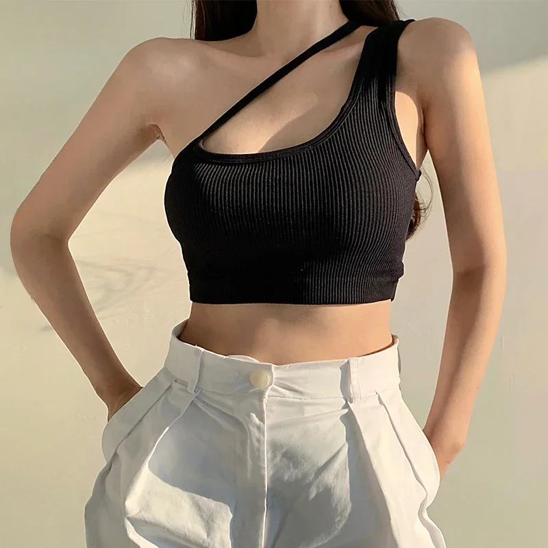 Women's Sexy Ribbed Crop Top Solid Color One Shoulder Sleeveless Backless Slim Fit Tank Top Summer Sport Vest with Chest Pad